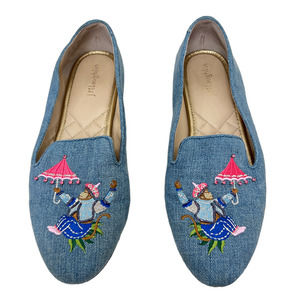 J McLaughlin Jax embroidered denim flats Monkey with umbrella size 8.5